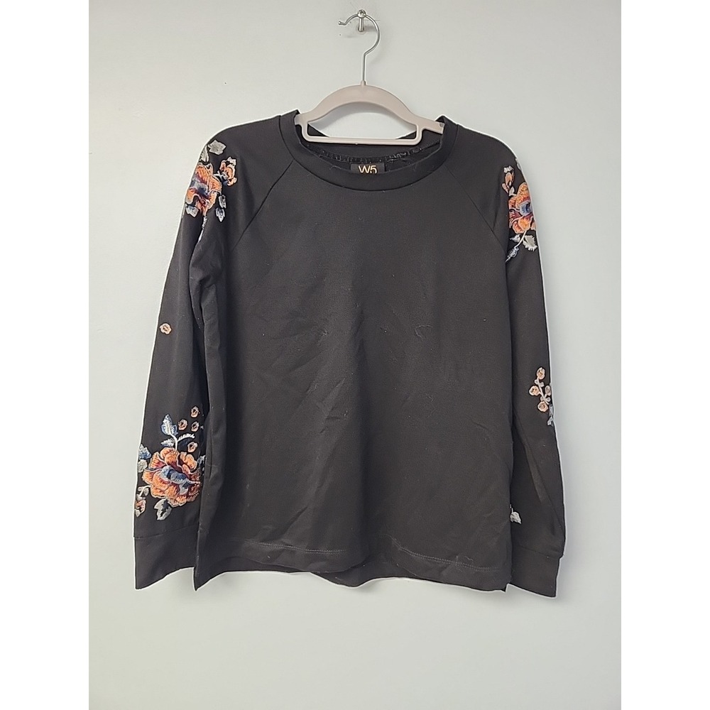 W5 Women's S Long‎ Sleeve Floral Embroidered Shoulders Black Sweater Shirt